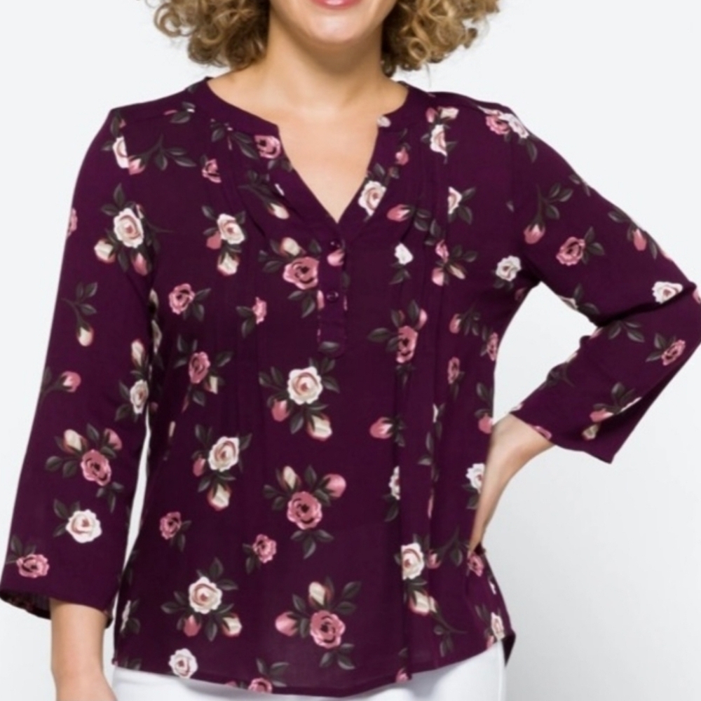 NWOT Monday Fun Womens Kearney Dark Purple Long Sleeve Boho Floral Henley Top, S